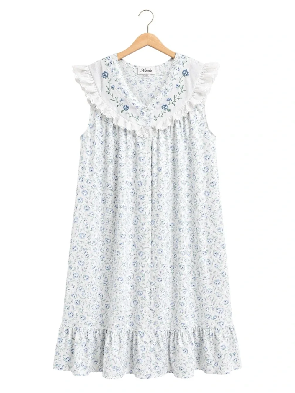 Vintage Cottagecore Floral Maxi Nightgown Dress Lace‎ Embroidered Blue Farmhouse